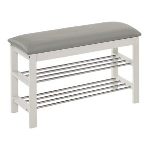 Banca hol tapitata cu suport pantofi HM ST11 alb-gri, 81X31x49 cm