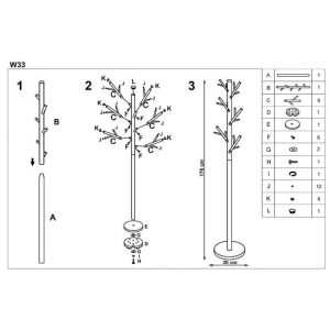 Cuier pom negru HM W33, structura metalica, diametru baza 30 cm, inaltime 176 cm, 18 agatatori