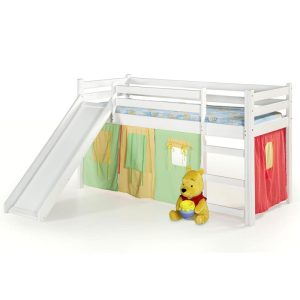 Pat pentru copii cu tobogan HM Neo Plus 197x89x115 cm, lemn pin vopsit alb, saltea inclusa