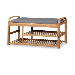 Banca hol tapitata HM ST13 tapiterie gri, lemn natur, sezut rabatabil 100X33X50 cm