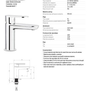 Baterie lavoar Deante ALPINIA Vital BGA_021M, cu ventil scurgere click-clack, cromata, garantie 7 ani