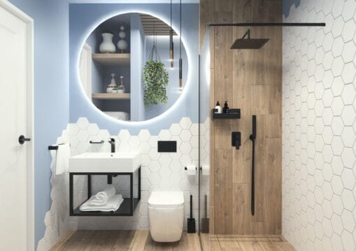 Baterii negre in baie, mobilier baie suspendat, accesorii baie negre, Deante