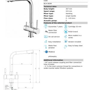 Baterie bucatarie cu conexiune pentru filtru de purificare a apei Deante BCH 065M