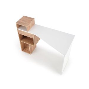 Birou HM Conti stejar auriu - alb, PAL melaminat, blat asimetric