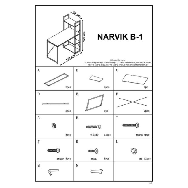 Birou Hm Narvik B1 120X64 cm, 3 rafturi