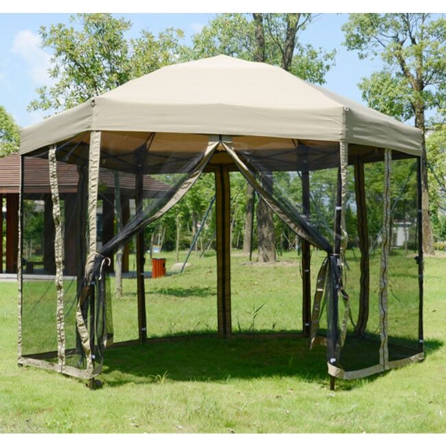 Pavilion gradina hexagon cu latura de 1.8 metri, impermeabil, plasa insecte cu fermoar