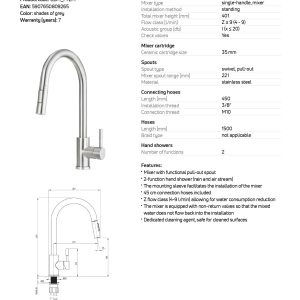 Baterie bucatarie cu dus extractibil Deante Lima BBM_F72M finisaj inox