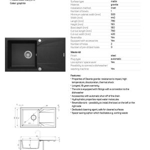 Chiuveta bucatarie granit Deante Evora ZQJ_2113, finisaj grafit, 780X440X193 mm, accesorii incluse