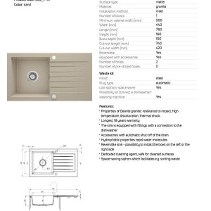 Chiuveta bucatarie granit Deante Zorba ZQZ_7113, finisaj bej mat, 760X440X160 mm, accesorii incluse