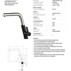 Baterie bucatarie cu dus extractibil Deante Silia BQS_B730 finisaj negru inox periat