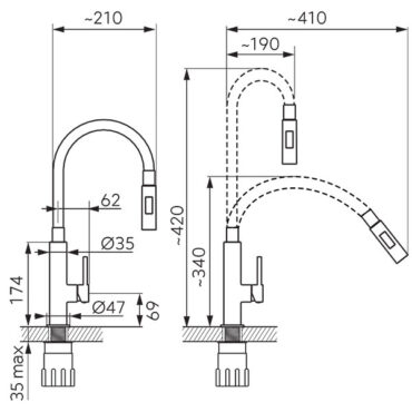 Baterie bucatarie Ferro Zumba Slim 2F cu pipa flexibila de diferite culori si 2 functii