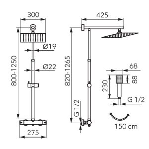 Coloana dus Ferro Trevi Square cu baterie termostatata si set dus finisaj crom sau negru