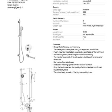 Set baterie incastrata pentru cada, pipa rabatabila si coloana dus Deante Arnika, finisaj crom