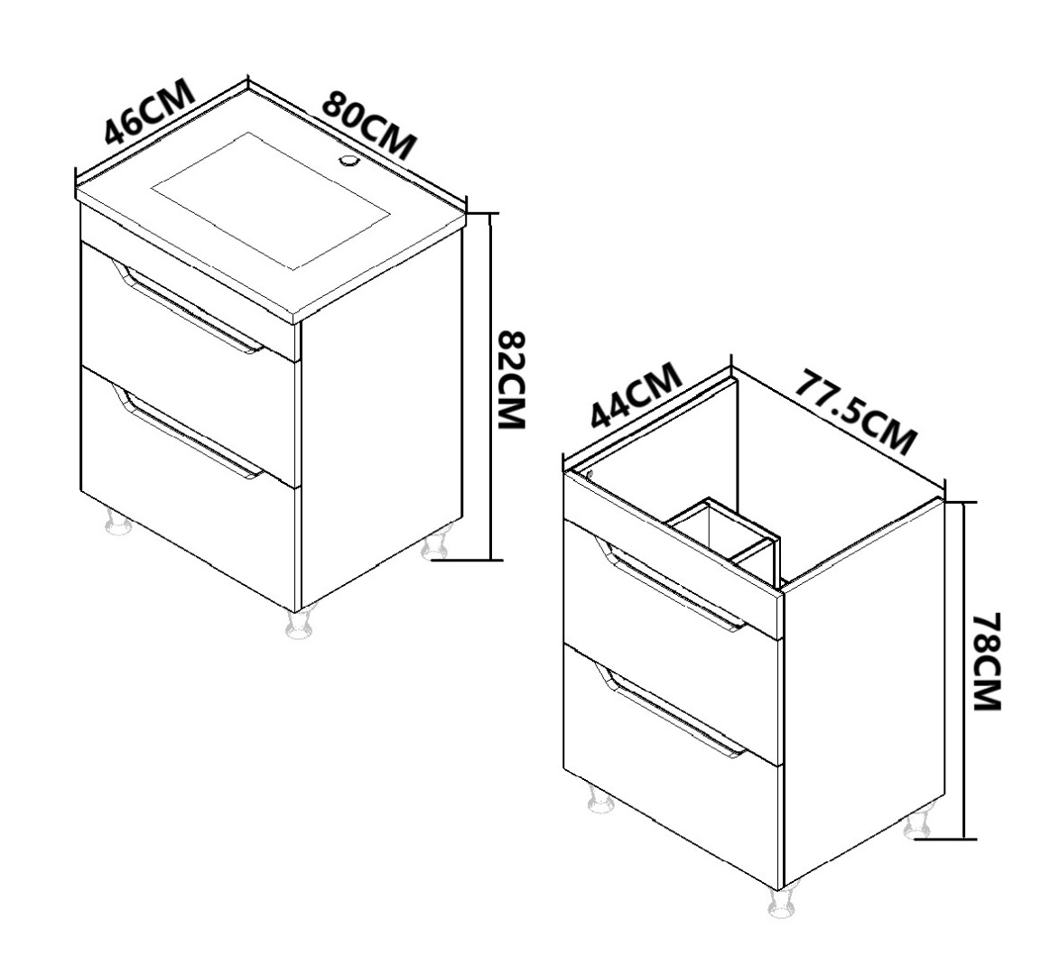 Set lavoar si masca GN7561 80x46x82 cm cu 2 sertare, alb-antracit, montaj pe pardoseala