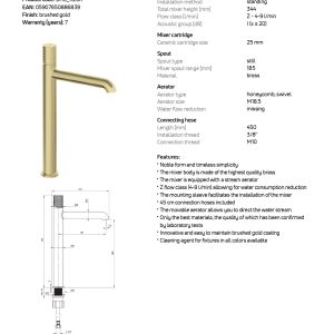 Baterie lavoar inalta Deante Silia Hexa BHS_R20K finisaj auriu periat, montaj pe blat, garantie 7 ani