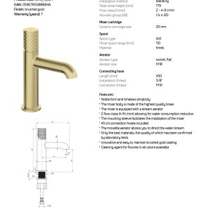Baterie lavoar Deante Silia Hexa BHS_R20M finisaj auriu periat, montaj pe lavoar, garantie 7 ani